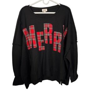 MERRY Christmas Plaid Black Waffle Knit Holiday Top Large Like New
